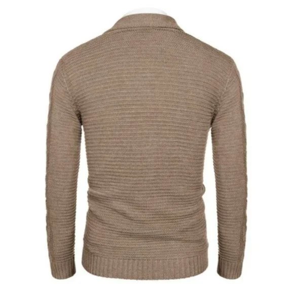 New Men's Shawl Collar Cardigan Sweater Khaki - Picture 4 of 7
